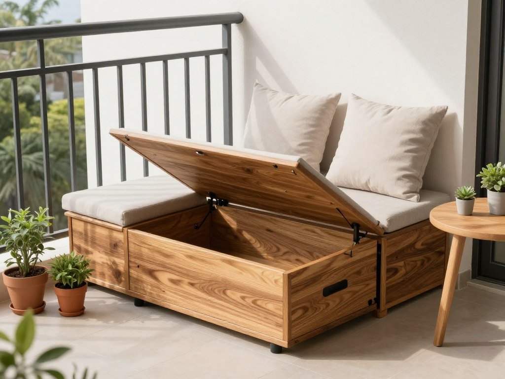 Apartment balcony with storage bench that serves as seating and hidden storage