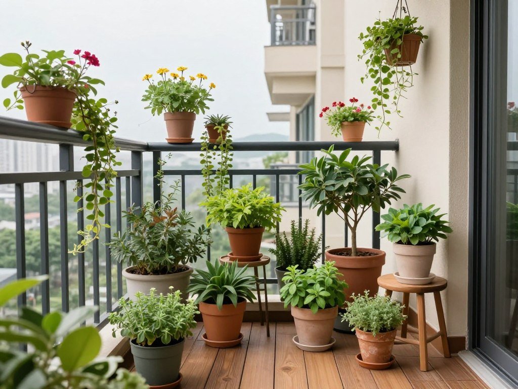 Apartment balcony with various potted plants of different sizes creating a lush garden feel