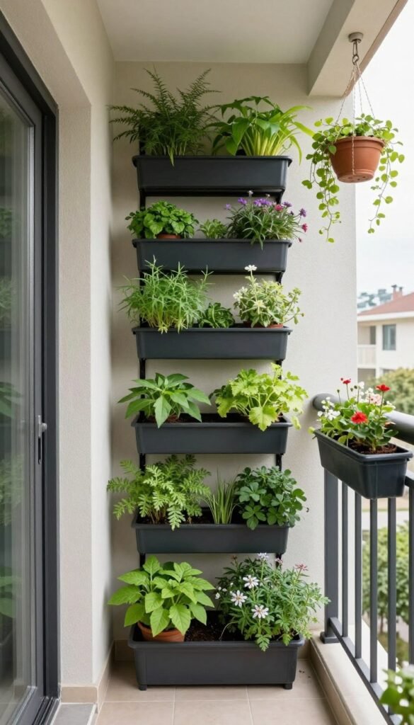 Apartment balcony with vertical garden and hanging planters utilizing wall space