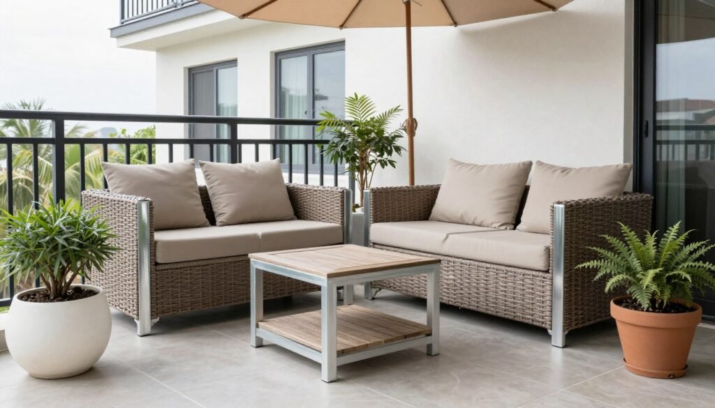 Apartment balcony with weather-resistant furniture and fabrics designed to withstand the elements