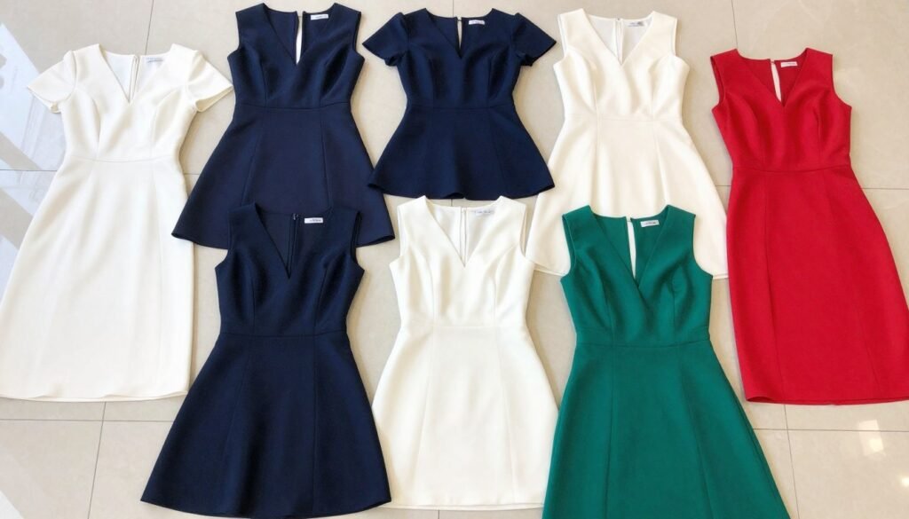 Array of graduation dresses in different color palettes from white to bold colors
