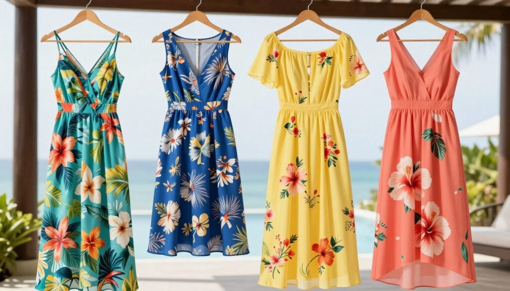 Array of summer floral wedding guest dresses showing vibrant colors and lightweight fabrics