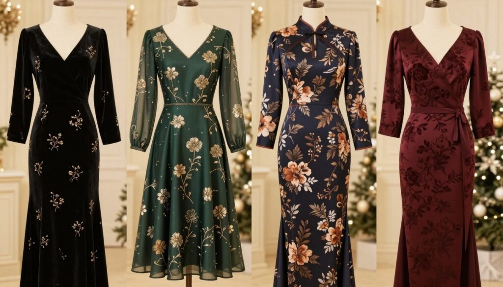 Array of winter floral wedding guest dresses featuring rich fabrics and sophisticated prints