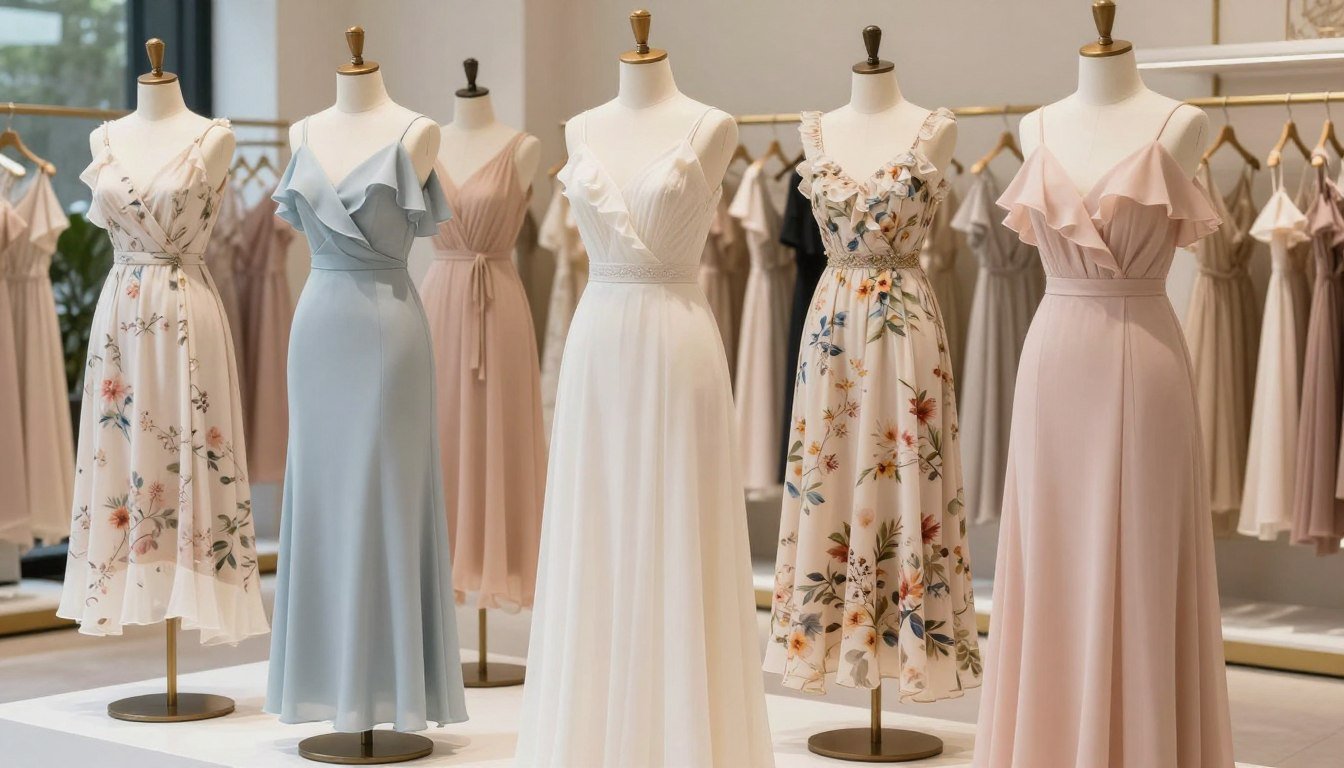 Assortment of elegant summer wedding guest dresses displayed on mannequins featuring various colors and styles suitable for summer weddings