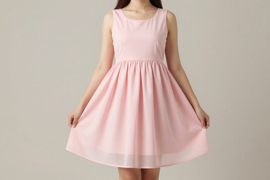 Babydoll dress styled for apple-shaped body type showing flattering empire waist