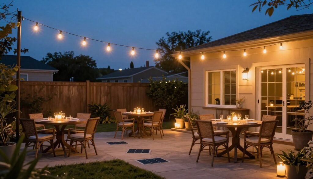 Backyard patio at dusk illuminated with string lights, solar lanterns, and candles creating magical atmosphere