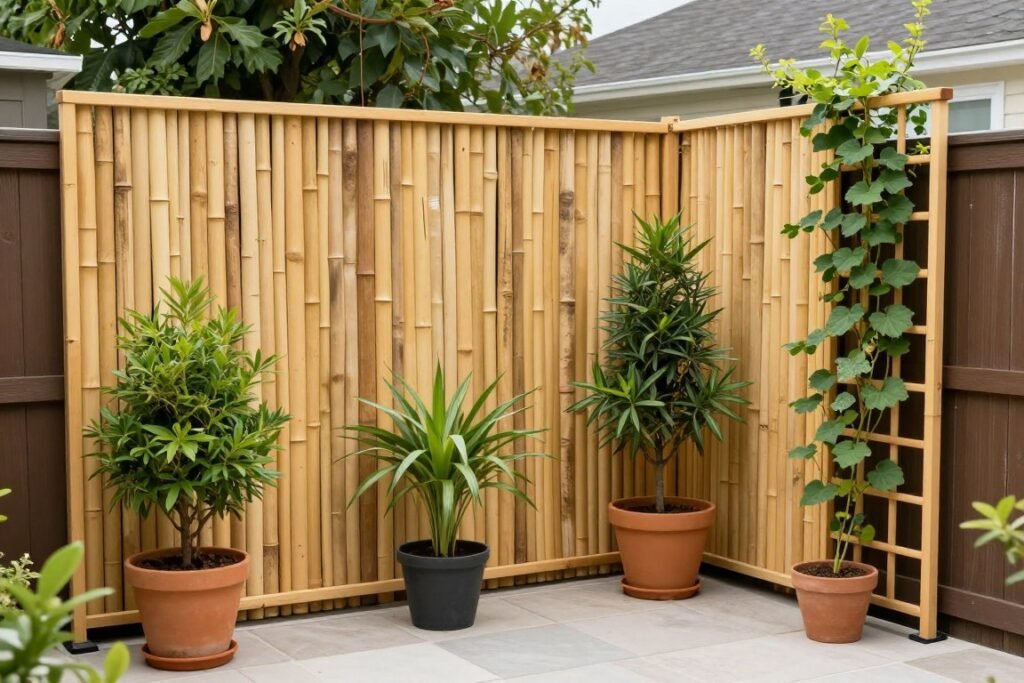 Backyard patio with budget-friendly privacy screen made from bamboo and climbing plants