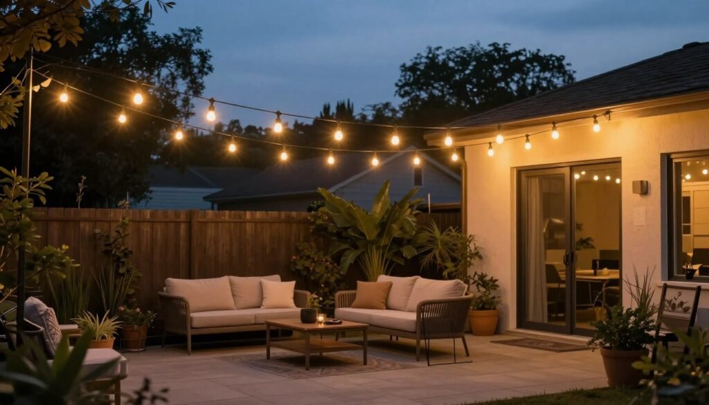 Backyard patio with string lights creating a warm evening ambiance