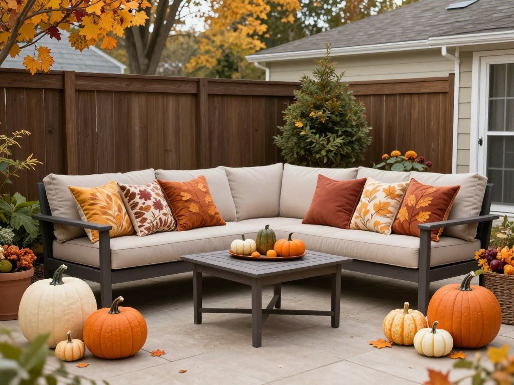 Backyard seating area with seasonal fall decorations including pumpkins and autumn-colored pillows