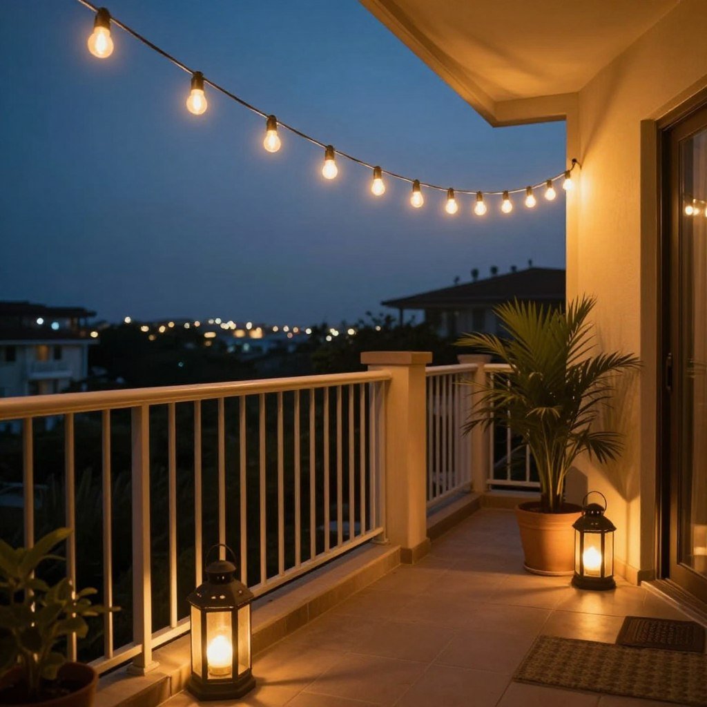Balcony at dusk with string lights and lanterns creating ambiance