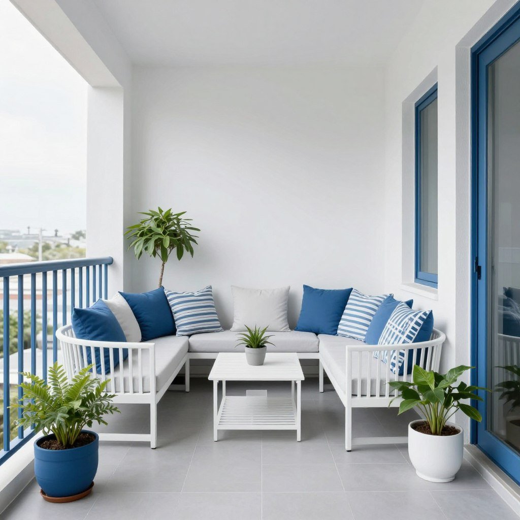 Balcony with cohesive blue and white color scheme