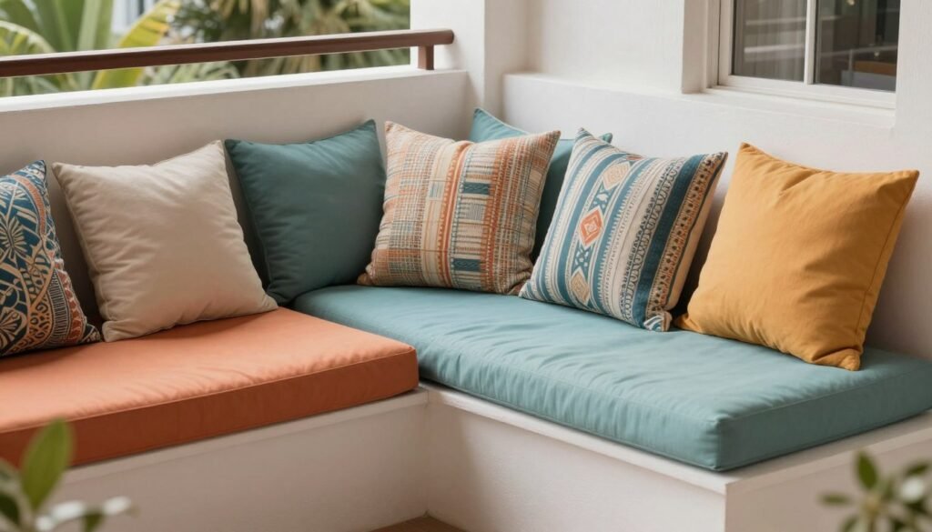 Balcony with colorful outdoor cushions and throw pillows