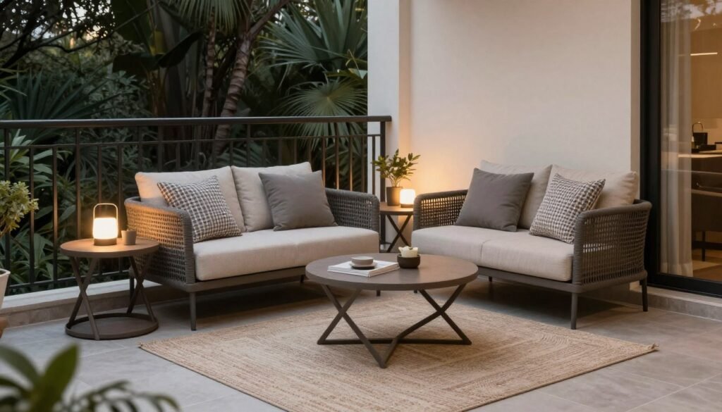 Balcony with comfortable lounge seating and outdoor rug