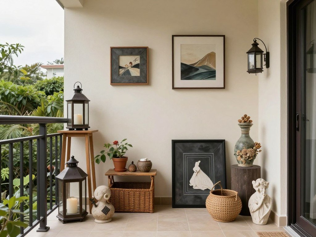 Balcony with decorative accessories like lanterns and outdoor art