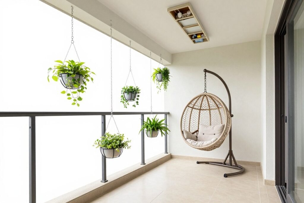 Balcony with hanging planters and suspended seating