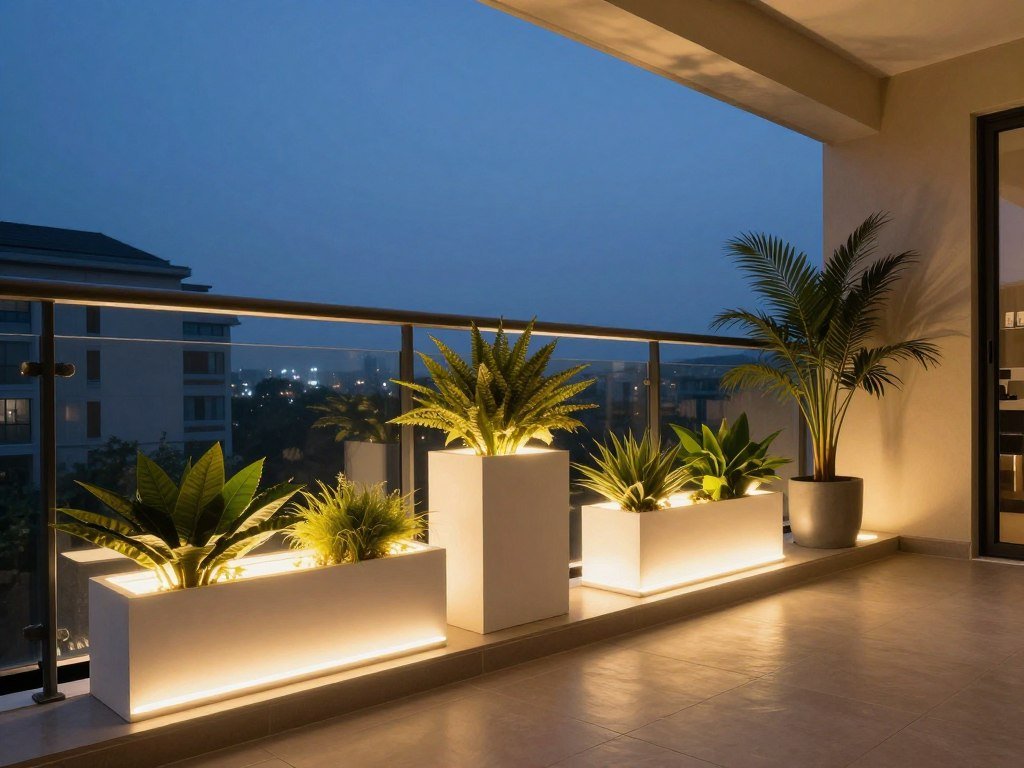 Balcony with integrated lighting in furniture and planters