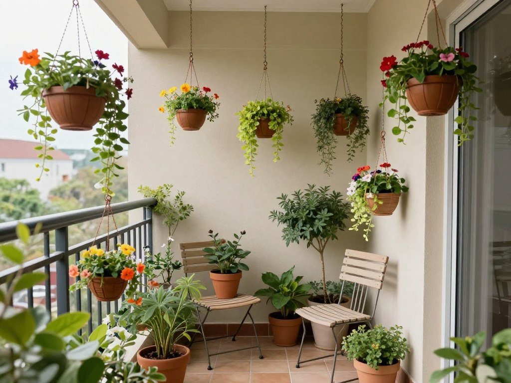 Balcony with multiple hanging baskets filled with colorful flowers and trailing plants