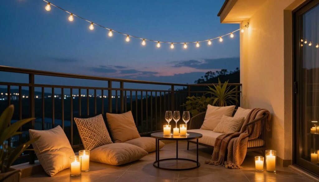 Balcony with string lights, candles, and comfortable seating for evening relaxation