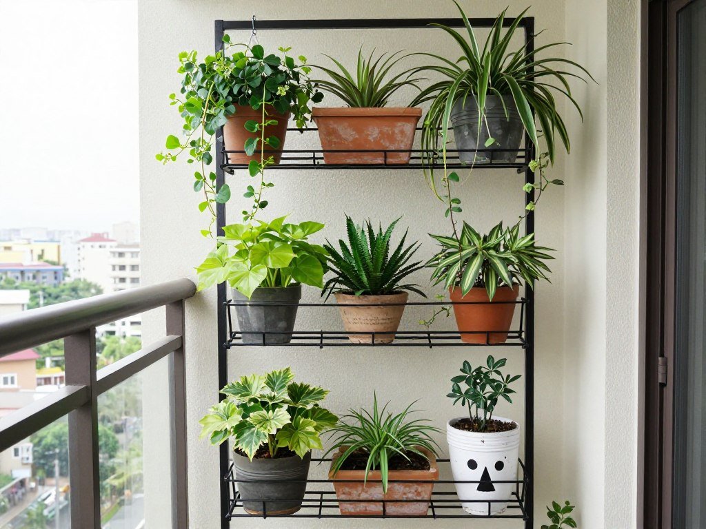 Balcony with vertical garden and creative plant containers