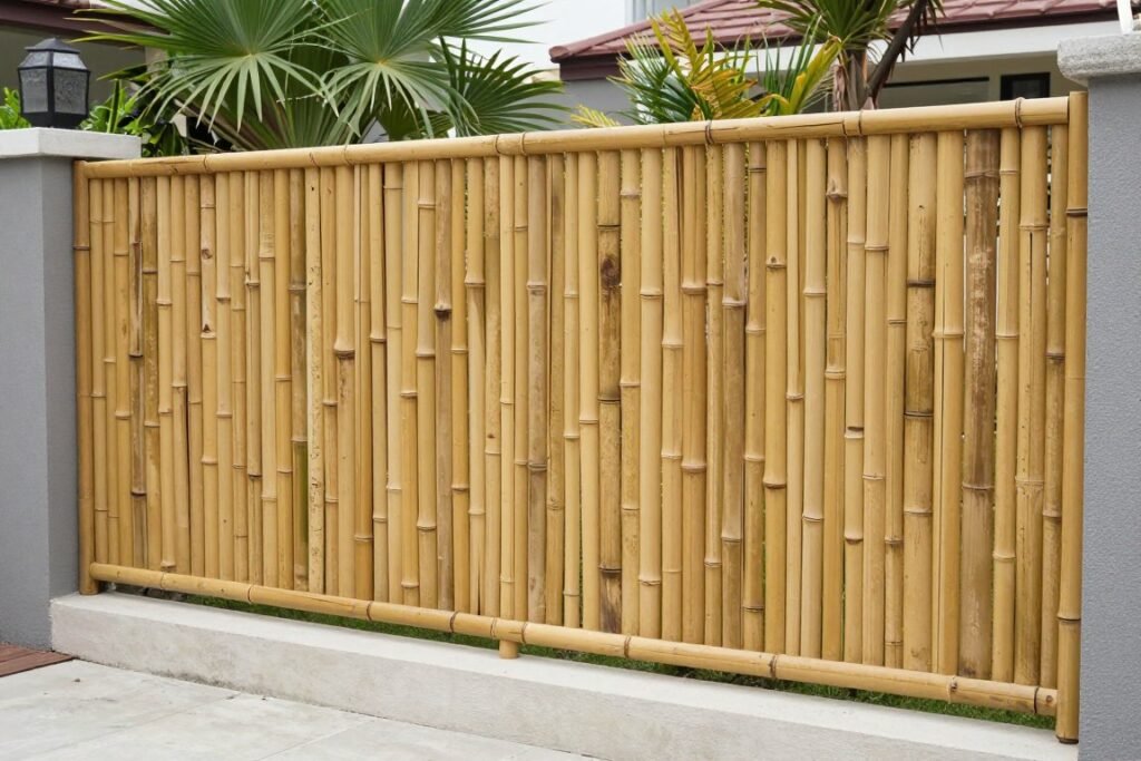 Bamboo privacy fence with tropical plants creating a serene backyard atmosphere