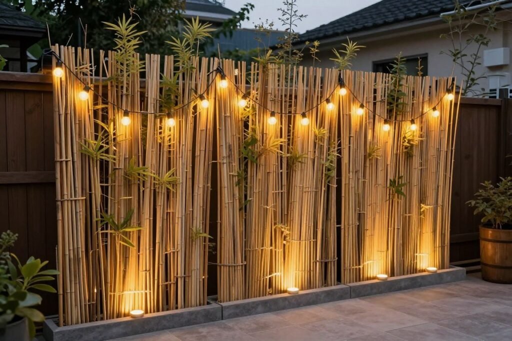 Bamboo privacy screen with string lights on a small back patio