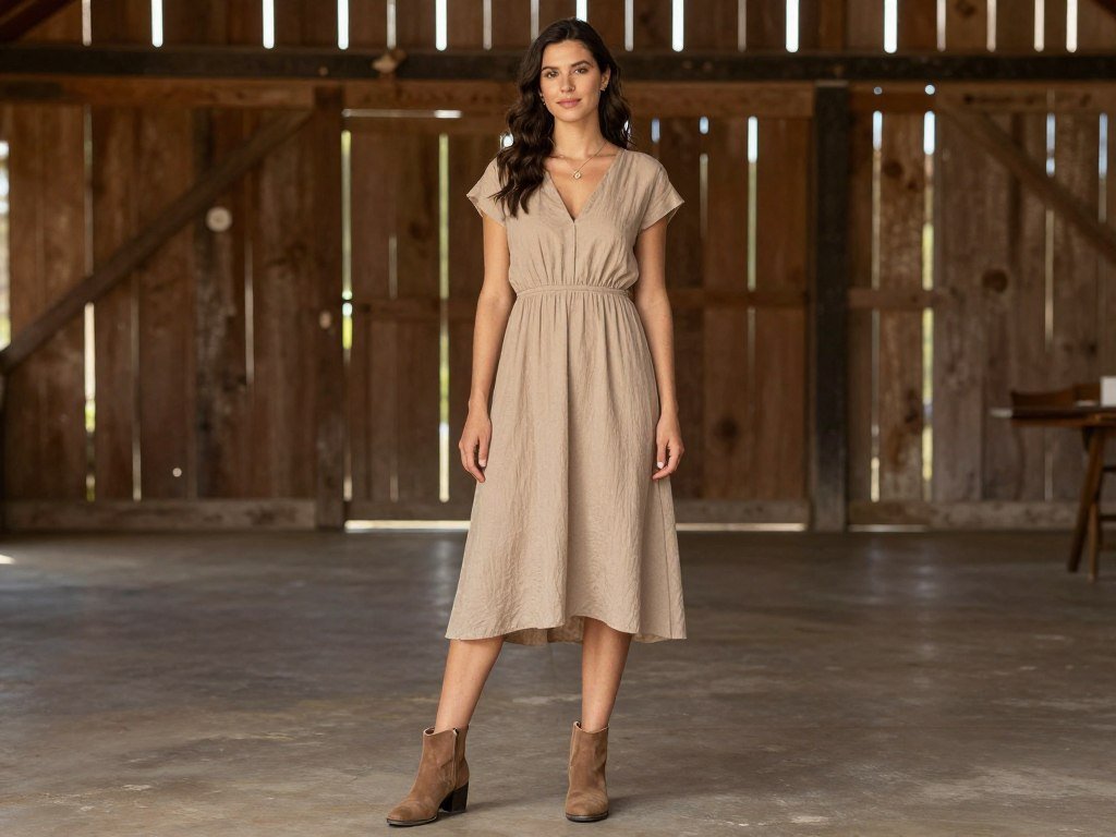 Barn or rustic wedding guest outfit with midi dress