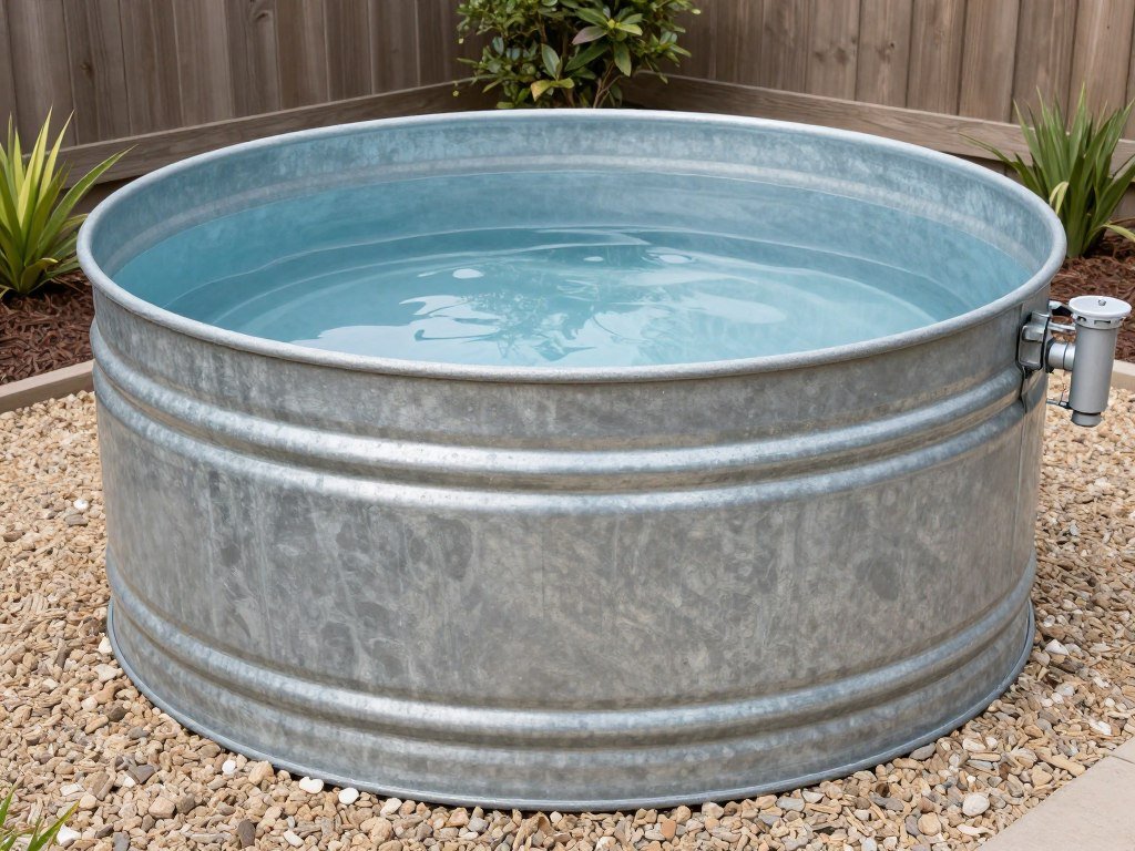 Basic stock tank pool with simple filter pump setup in backyard