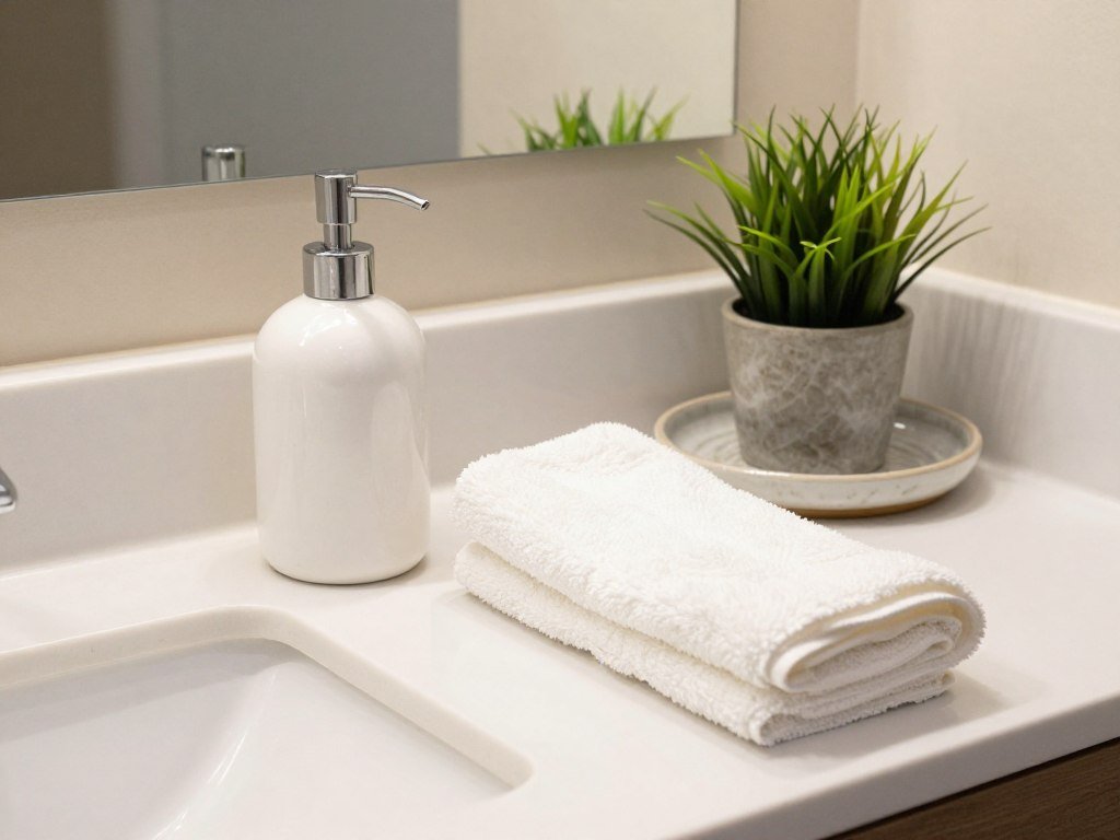 Bathroom countertop with coordinated accessories including soap dispenser and small plants