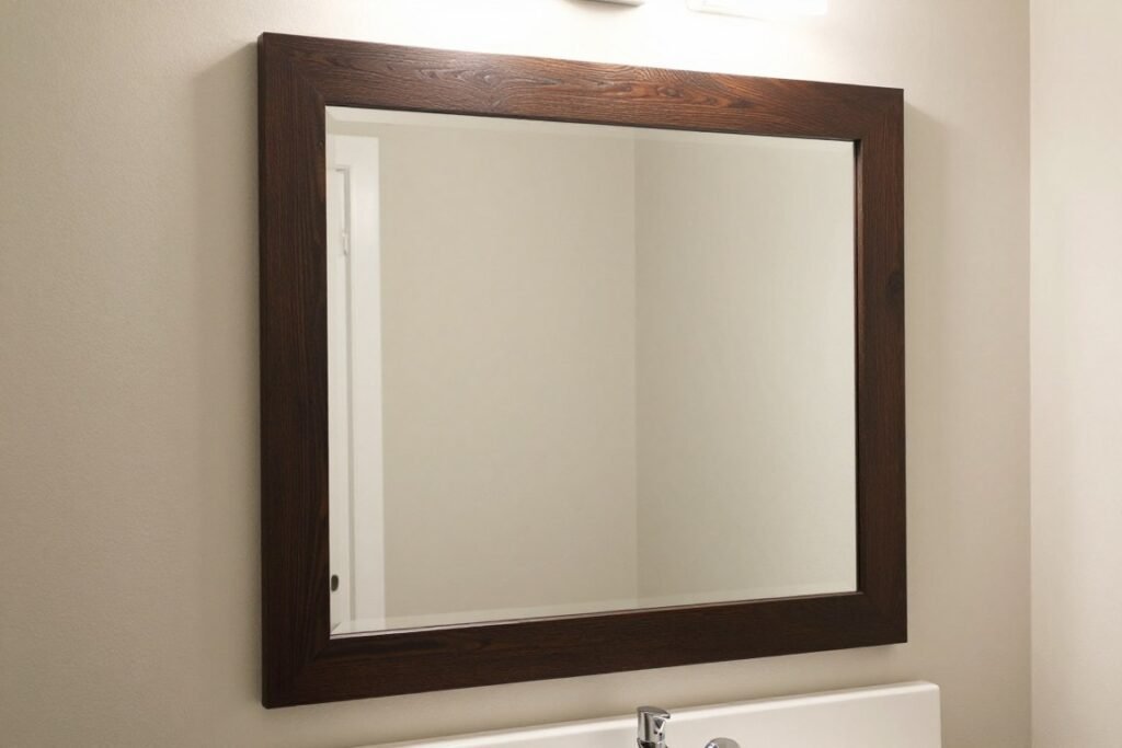 Bathroom with DIY framed mirror above vanity