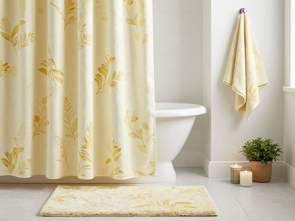 Bathroom with coordinated textiles including shower curtain, towels, and bath mat