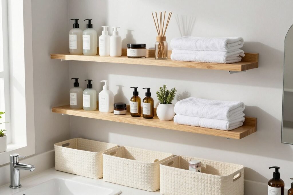 Bathroom with floating shelves and basket storage
