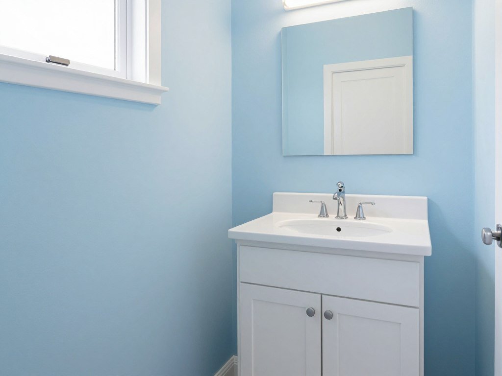 Bathroom with freshly painted light blue walls and white trim