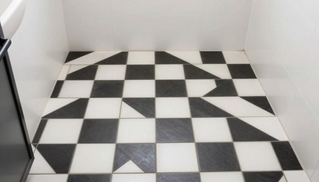 Bathroom with peel-and-stick floor tiles in a modern pattern