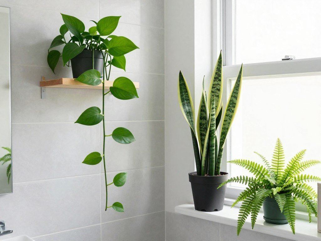 Bathroom with various houseplants thriving in humid environment