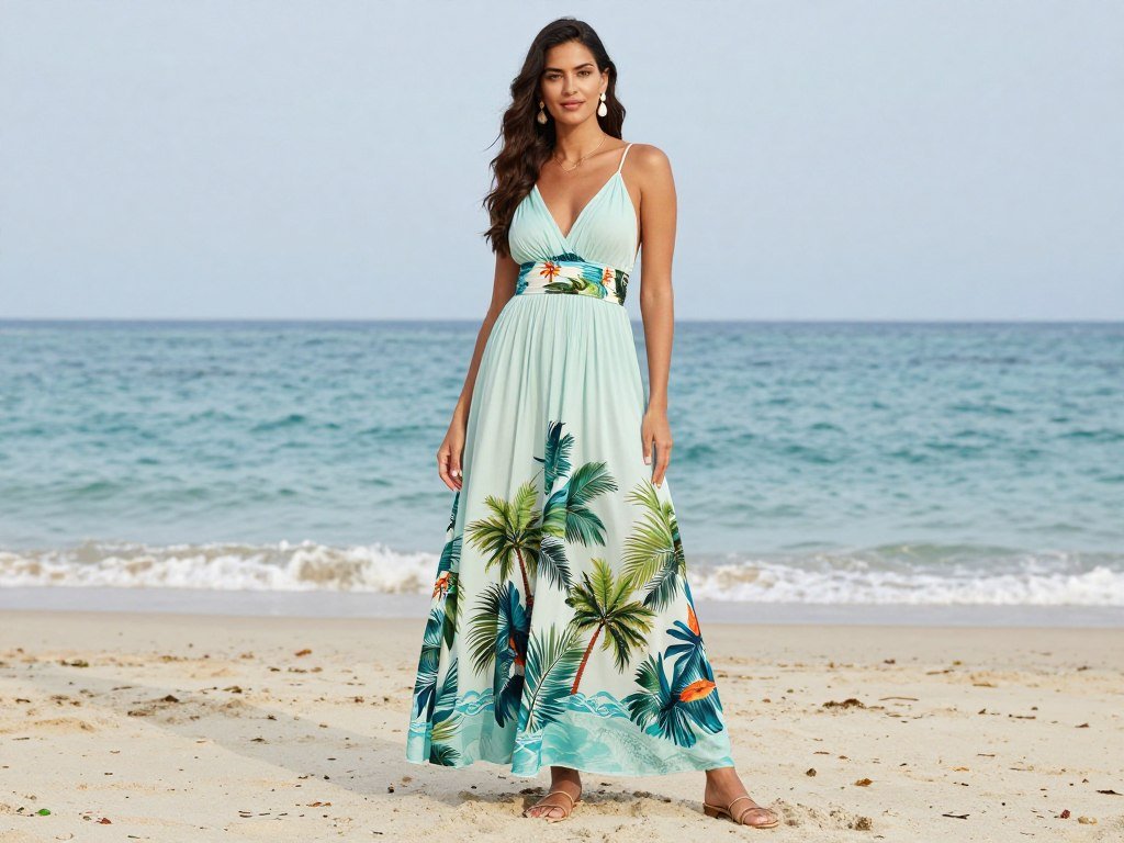 Beach wedding guest outfit with flowing maxi dress