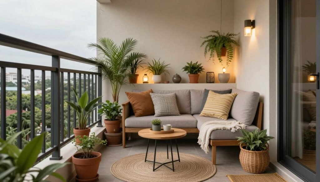 Beautifully styled balcony combining multiple elements from the article into a cohesive design