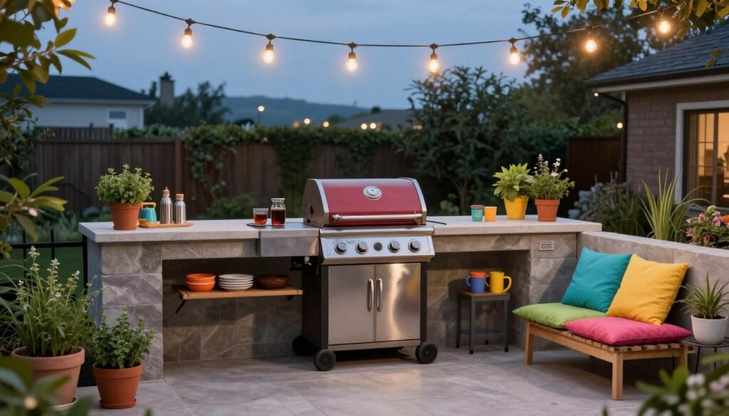 Beautifully styled budget outdoor grill area with string lights, potted plants, and colorful accessories
