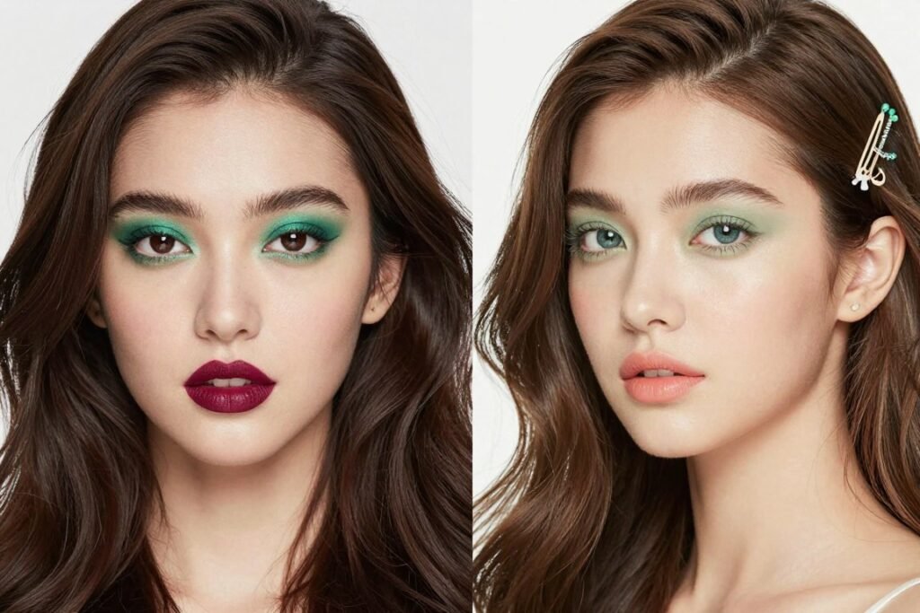 Beauty looks paired with different green dress shades