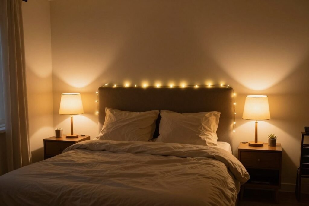 Bedroom with layered lighting including bedside lamps and string lights