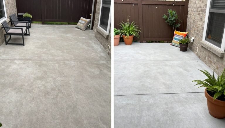 Before and after comparison of a DIY patio makeover on a budget showing dramatic transformation