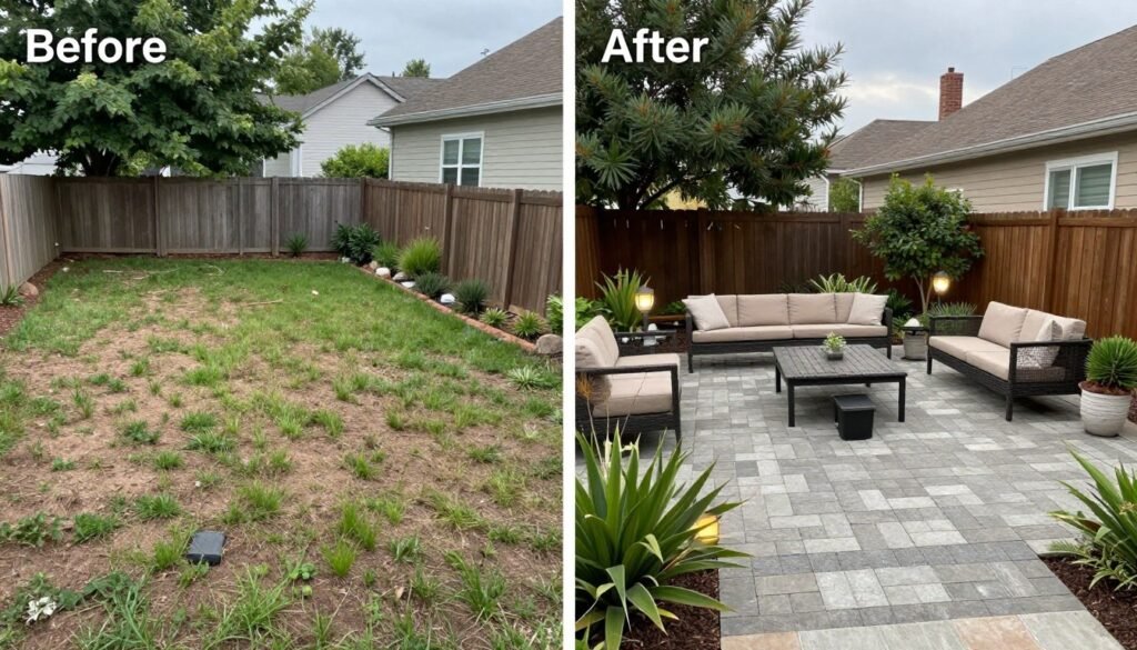 Before and after comparison of a backyard transformed with a budget-friendly paver patio