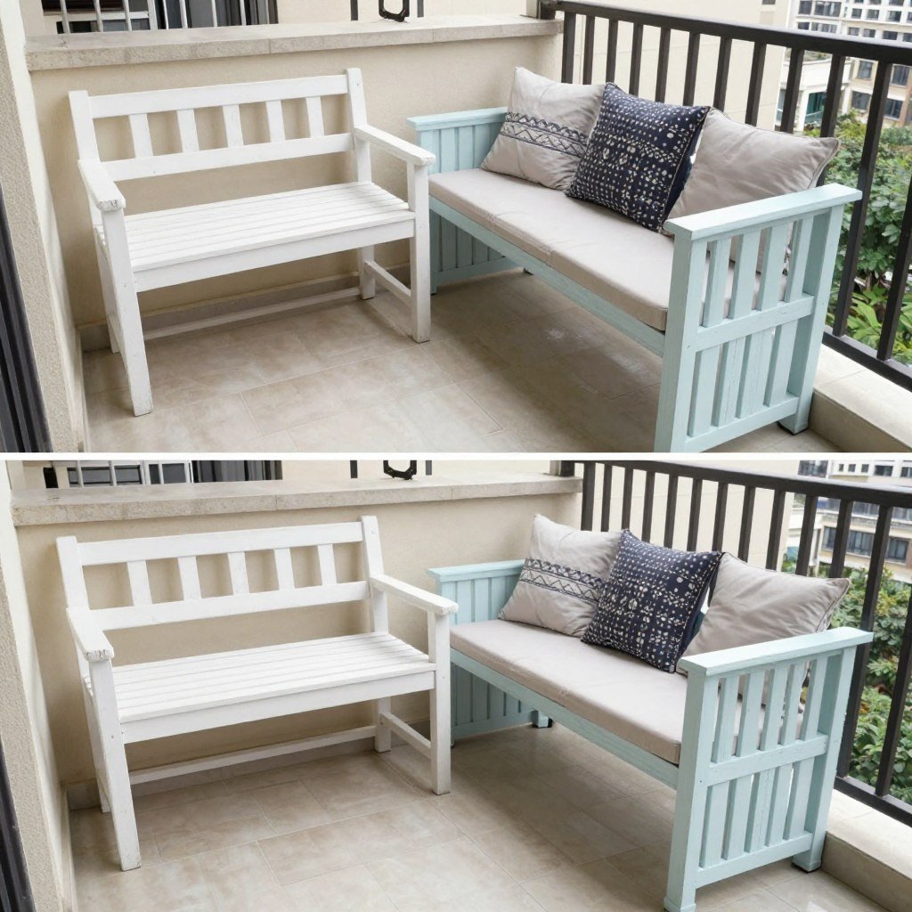 Before and after of DIY upgraded balcony furniture