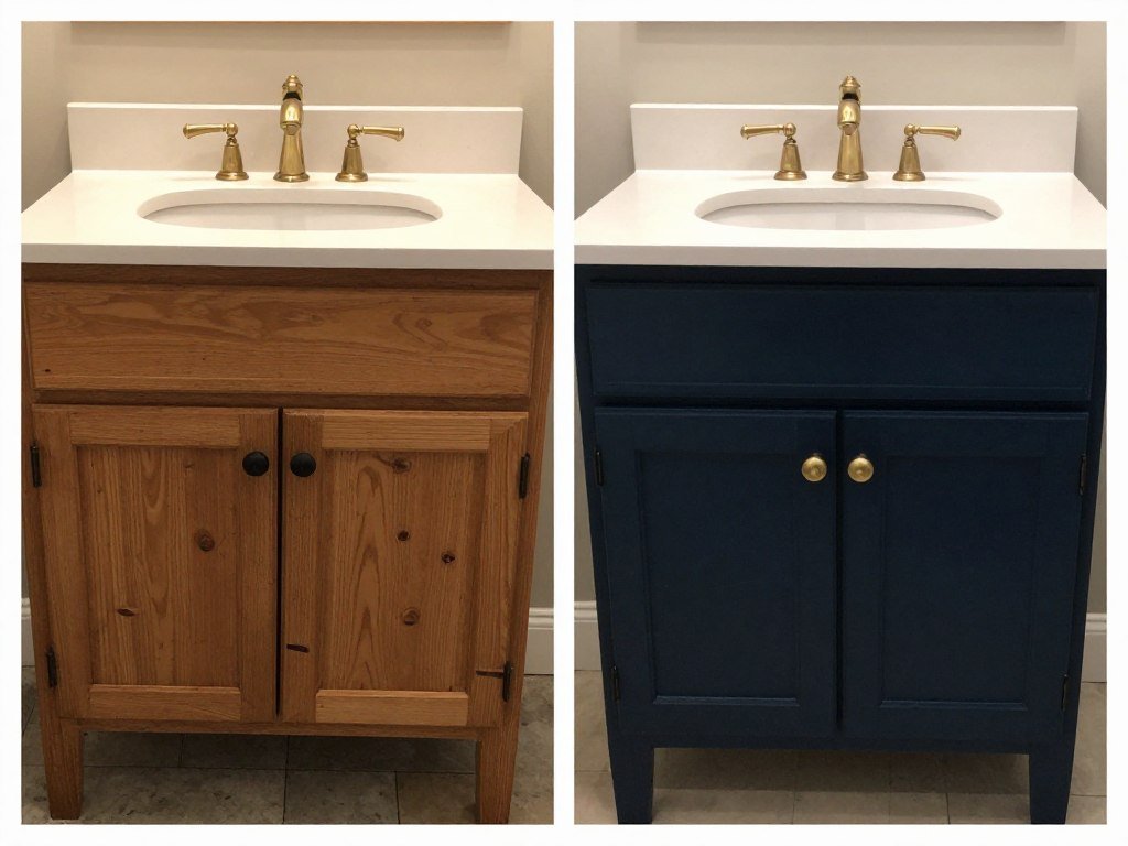 Before and after of a bathroom vanity painted navy blue with new hardware