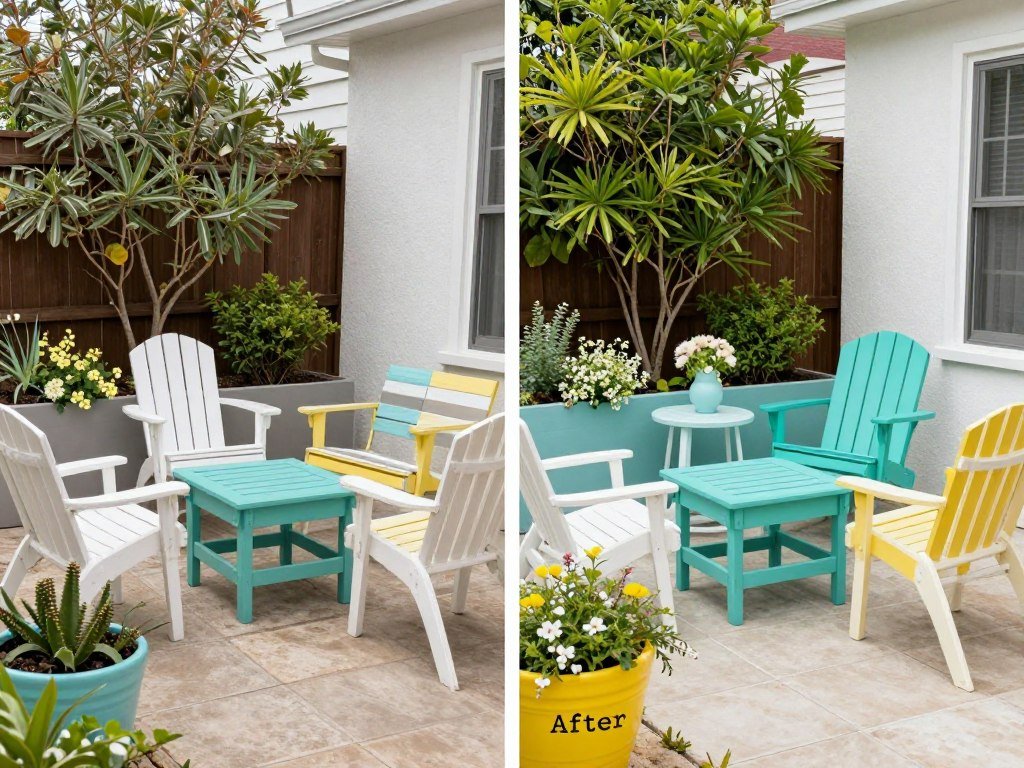 Before and after of a budget patio makeover showing coordinated colors
