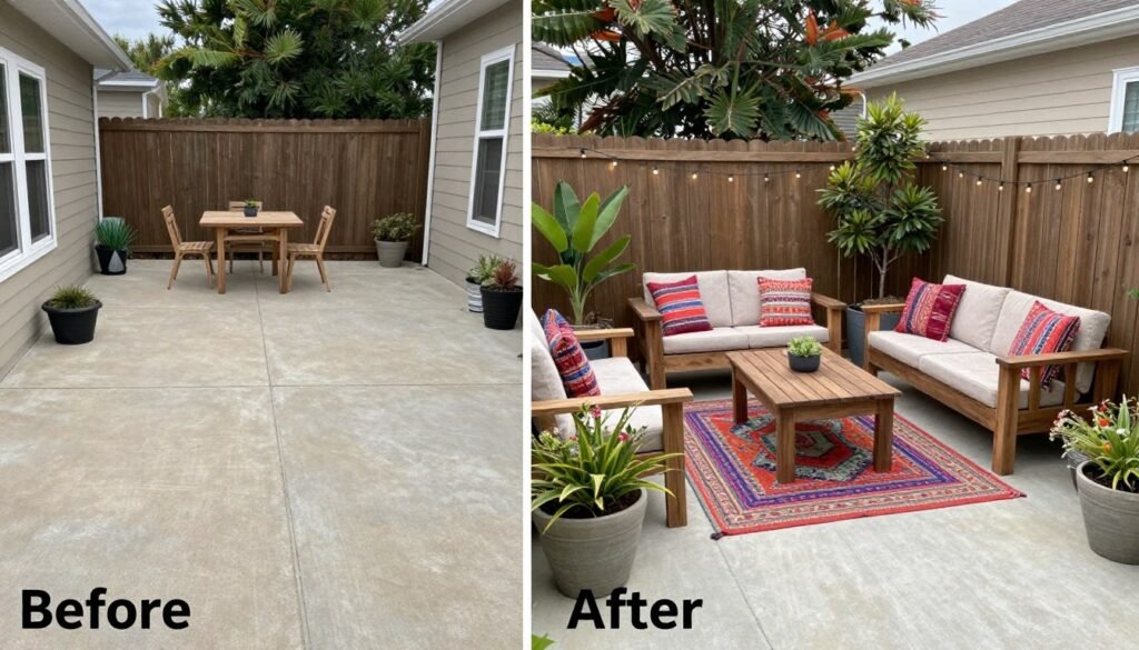 Before and after of a budget patio makeover showing dramatic transformation with affordable ideas