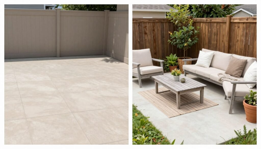 Before and after of a budget patio makeover showing transformation