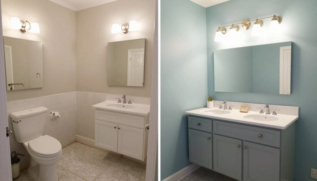 Before and after of a complete bathroom remodel done on a $1,500 budget
