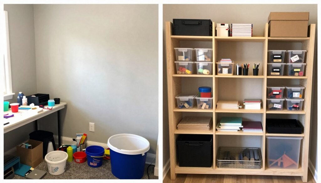 Before and after of a craft space transformation showing organization improvement