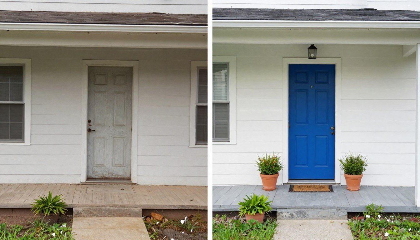 Before and after of a home exterior with simple curb appeal improvements including a freshly painted door and new planters