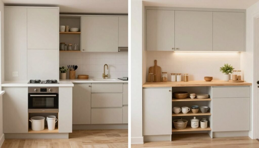 Before and after of a small kitchen transformed with budget-friendly updates
